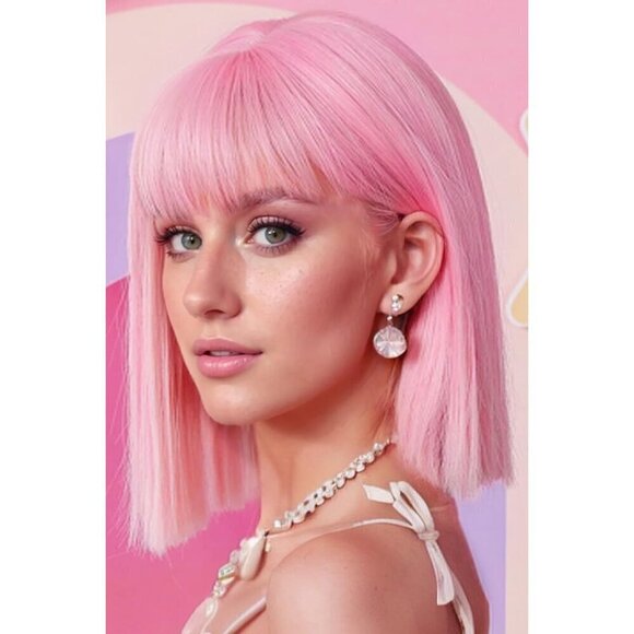 ? Women Pink Short Bob Wigs Straight Bangs 12Inch Heat Resistant Hair Natural main image 5